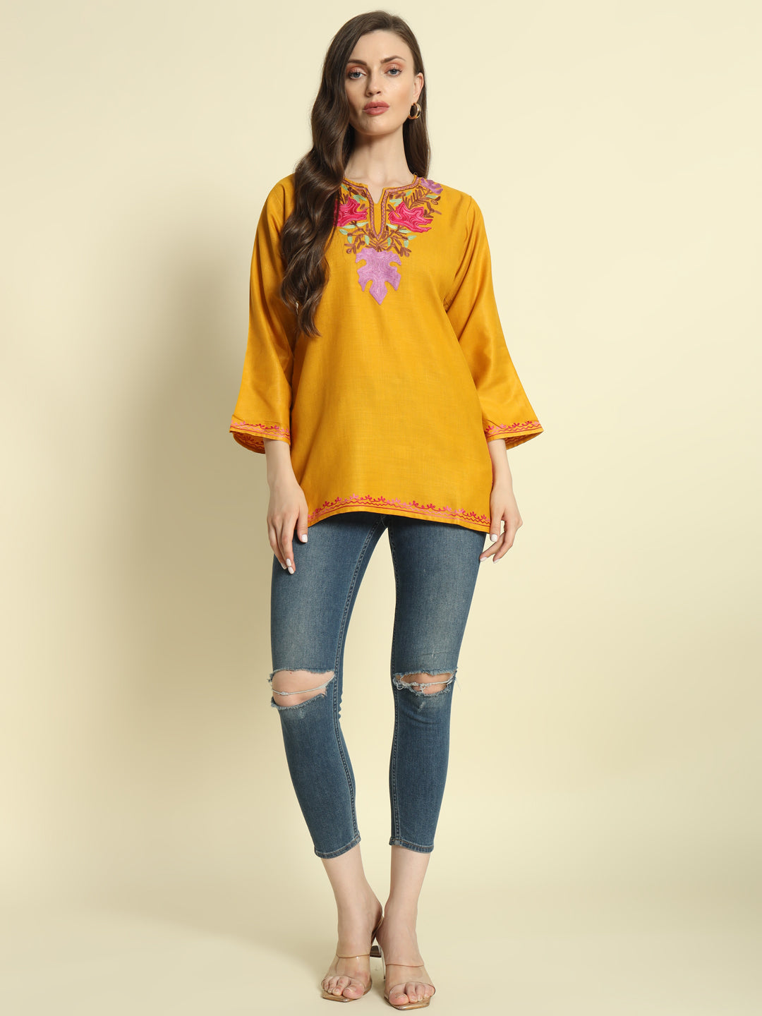 Mustard Cotton Kurti with Pink and Lavender Embroidery – THE DAL SERIES